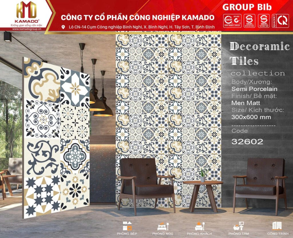 Gạch ốp tường, lát nền kích thước 30x60, xương bán sứ semi-porcelain, men matt. Trang trí thổ cẩm vintage